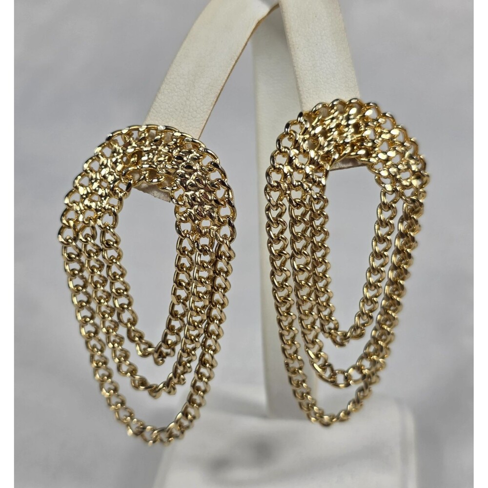 Vintage Gold Tone Multi Strand Layered Chain Dangle Waterfall Statement Earrings